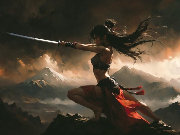 AI art, dark hair, long hair, sword, women