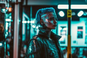 Обои на рабочий стол: AI art, bokeh, city, cyberpunk, leather jacket, men, night, street, women