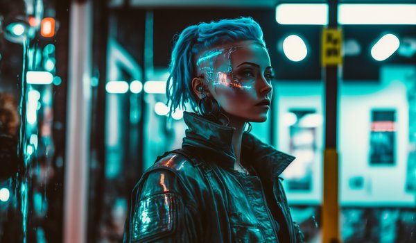 Обои на рабочий стол: AI art, bokeh, city, cyberpunk, leather jacket, men, night, street, women