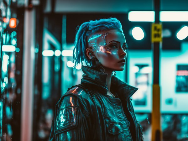 AI art, bokeh, city, cyberpunk, leather jacket, men, night, street, women
