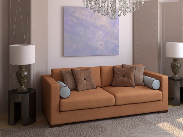 диван, дизайн, интерьер, квартира, комната, коричневый, лампы, подушки, простор, стиль, уют