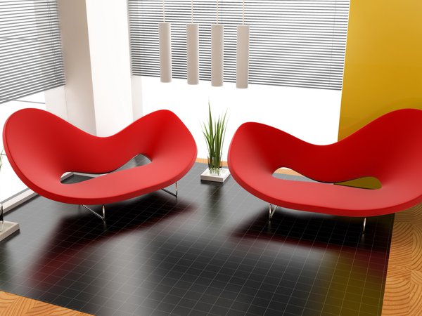 дизайн, интерьер, квартира, комната, красное, кресло, растения, стиль, формы