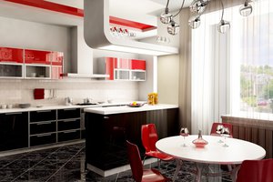 Обои на рабочий стол: бокалы, дизайн, красное, кухня, люстра, окно, стиль, стол, стулья