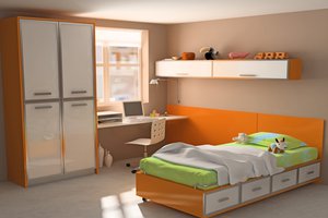 Обои на рабочий стол: дизайн, игрушки, интерьер, квартира, комната, компьютер, красочно, кровать, оранжевый, стиль, стол, шкаф, ярко