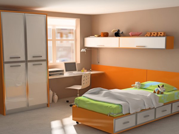 дизайн, игрушки, интерьер, квартира, комната, компьютер, красочно, кровать, оранжевый, стиль, стол, шкаф, ярко