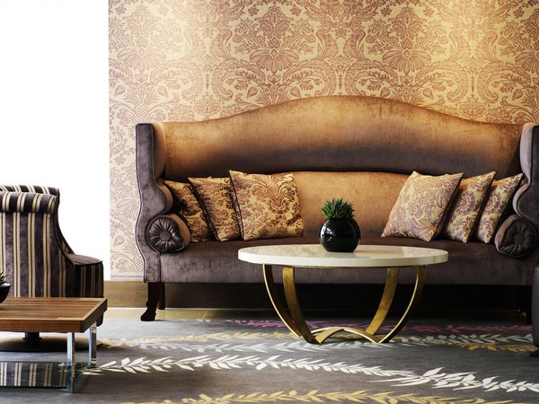 диван, дизайн, интерьер, ковер, комната, кресло, мебель, подушки, стиль, столик