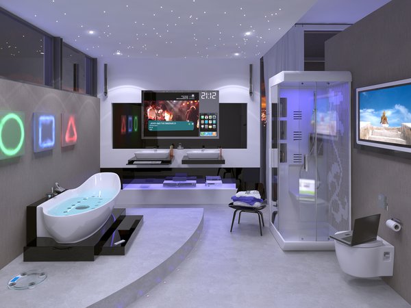 design, future, interior, ванна, ванная, душевая, интерьер, колонки, комнаиа, ноутбук, телевизор, техника.