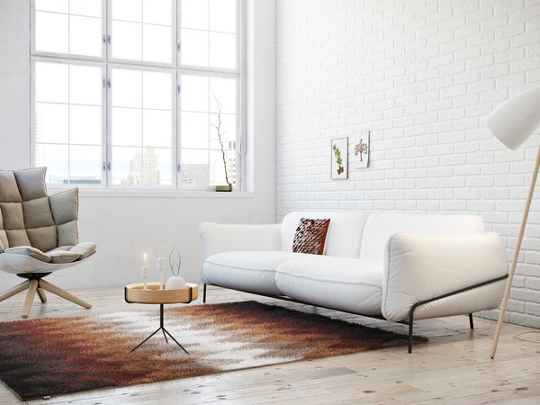 белый, диван, картины, ковер, кресло, напольная  лампа, окно, столик