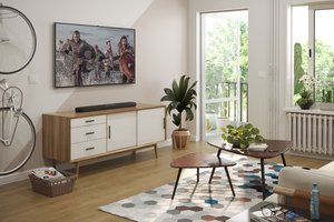 Обои на рабочий стол: sound bar, Stylish Scandinavian Living Room Designs, yamaha, Yamaha SR-B20A, скандинавский дизайн гостиной