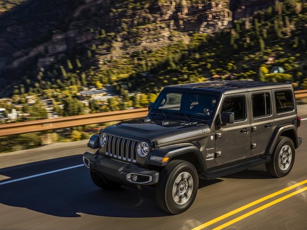 2018, Jeep, Wrangler Sahara, асфальт, ограждение, скорость, темно-серый