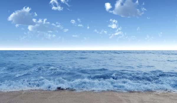 Обои на рабочий стол: берег, вода, волна, волны, голубое, лето, море, небо, облака, пейзаж, песок, пляж, природа