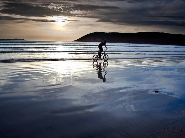 велосипед, закат, море, пейзаж, пляж