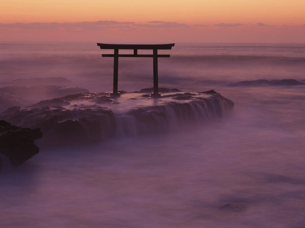 врата, море, скалы, туман, япония