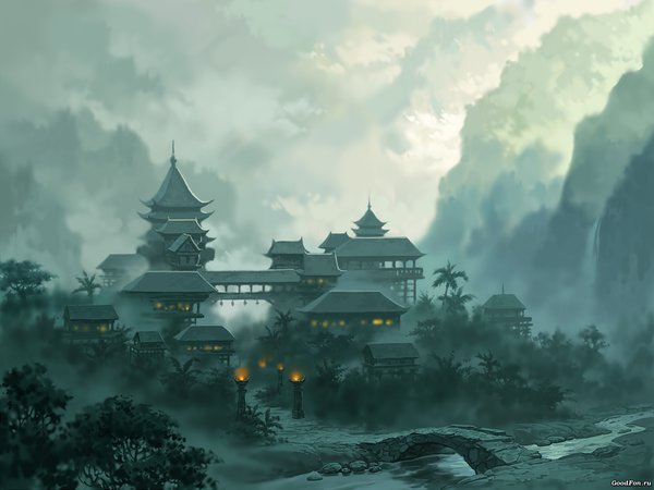 jade dynasty, город, горы, мост, огни, пейзаж, река, туман