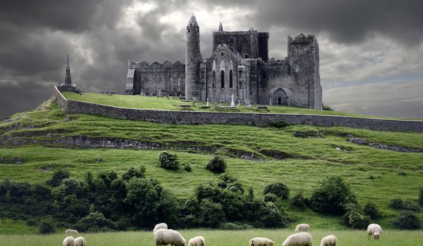 Обои на рабочий стол: ireland, замок, ирландия, овцы, тучи, холм