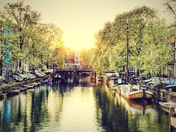 amsterdam, canal at sunrise, netherlands, амстердам, вода, голландия, город, канал, нидерланды, рассвет