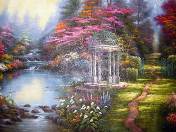 the garden of prayer, thomas kinkade, беседка, живопись, картина, речка, тропинка, цветы
