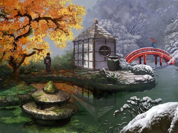 mugon, азия, арт, времена года, гортензии, девушки, зима, зонт, кимоно, листья, мост, осень, пруд, снег, цветы