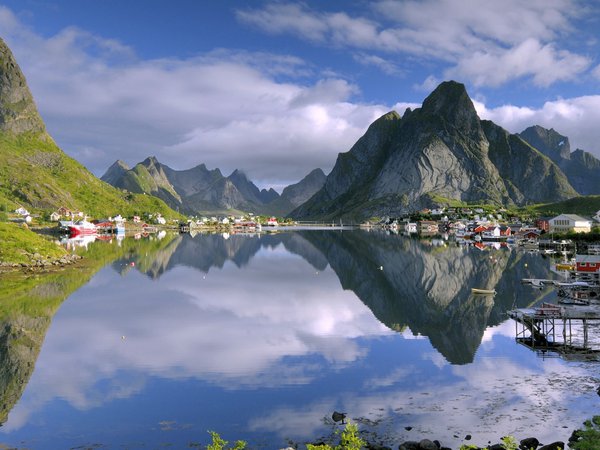 городок, горы, дома, норвегия, озеро