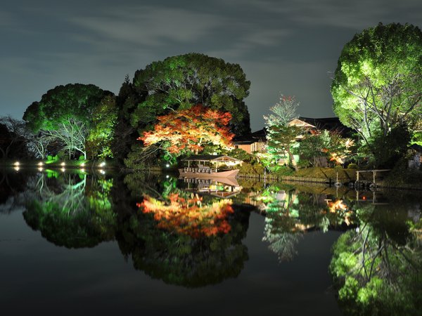 деревья, дом, лодка, осень, отражение, река, япония