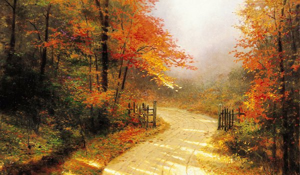 Обои на рабочий стол: autumn lane, painting, thomas kinkade, дорога, живопись, золотая, лес, осень, томас кинкейд