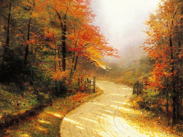 autumn lane, painting, thomas kinkade, дорога, живопись, золотая, лес, осень, томас кинкейд