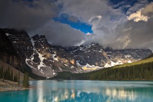 Обои на рабочий стол: голубая вода, горы, канада, лес, небо, облака, река