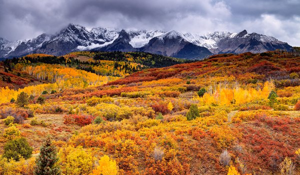 Обои на рабочий стол: горы, краски, лес, небо, облака, осень