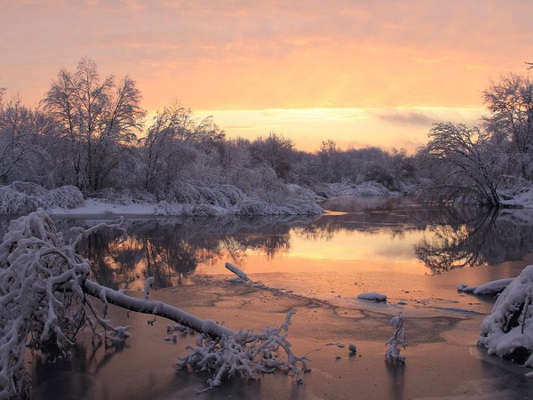 зима, река, снег