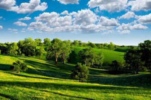 Обои на рабочий стол: blue sky, clouds, green valley, landscape, nature, photo, scenery, trees, голубое, горизонт, деревья, долина, зелёная, небо, облака, природа