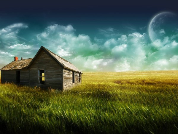 дом, луна, трава