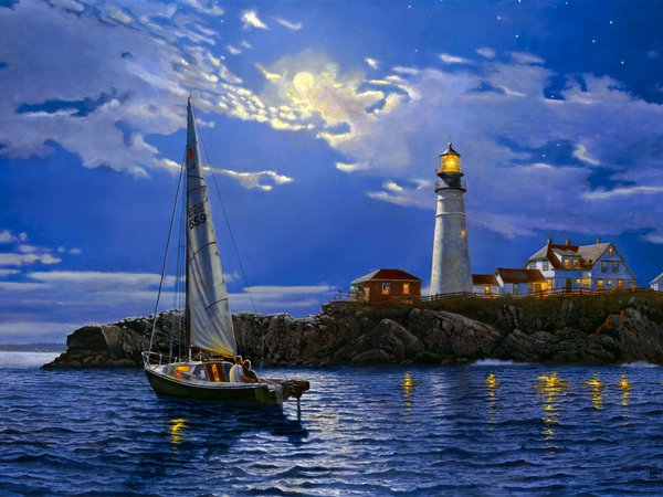 Dave Barnhouse, serenity, арт, маяк, море, пейзаж, яхта