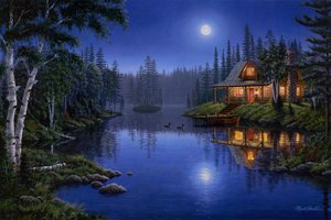 Обои на рабочий стол: ducks, forest, house, lake, light, Mark Daehlin, moon, moonlight, Moonlight Serenade, night, painting