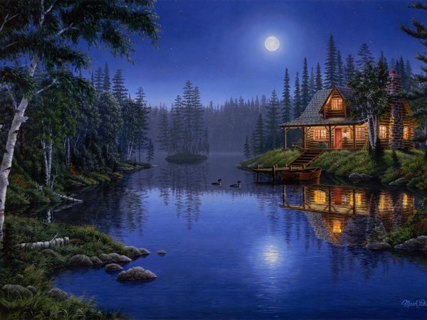ducks, forest, house, lake, light, Mark Daehlin, moon, moonlight, Moonlight Serenade, night, painting