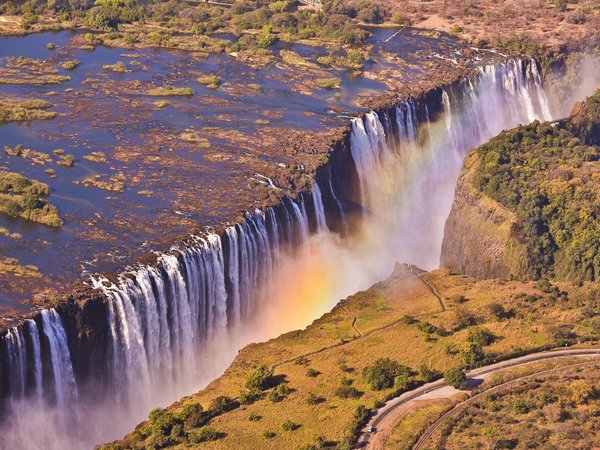 африка, виктория, водопад, дорога, замбия, радуга