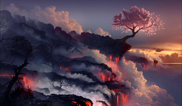 Обои на рабочий стол: arcipello, арт, вулкан, дерево, дым, лава, море, пейзаж, сакура, скалы