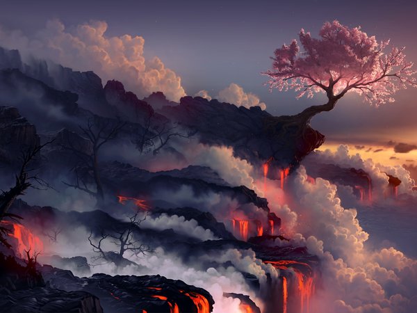 arcipello, арт, вулкан, дерево, дым, лава, море, пейзаж, сакура, скалы