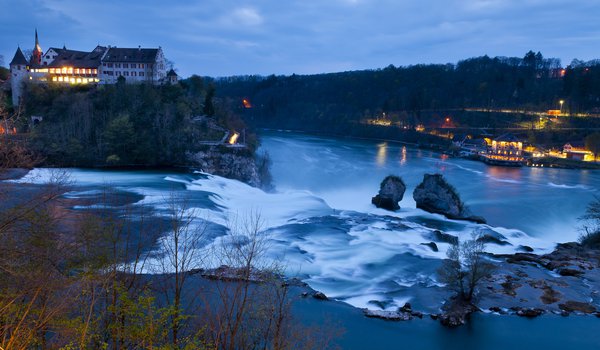 Обои на рабочий стол: Rhine Falls, schaffhausen, switzerland, водопад, замок, река, швейцария