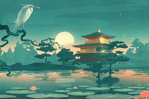 Обои на рабочий стол: деревья, дом, лилия, луна, небо, ночь, озеро, пейзаж, рисунок, храм, цапля, япония