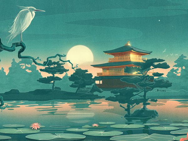 деревья, дом, лилия, луна, небо, ночь, озеро, пейзаж, рисунок, храм, цапля, япония
