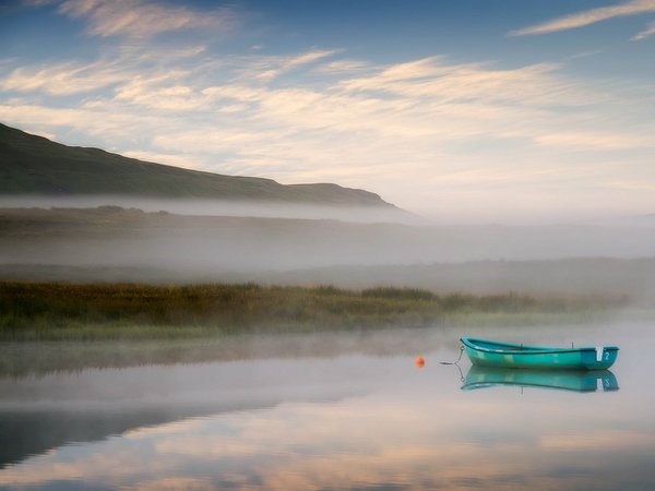 лодка, озеро, пейзаж, туман, утро