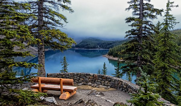 Обои на рабочий стол: Banff National Park, Lake Moraine, деревья, ели, озеро, скамейка