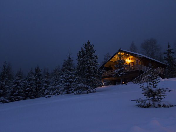 cabin, cottage, forest, house, nature, new year, night, russia, snow, travel, winter, wood, деревья, дом, дом в лесу, домик, елка, зима, коттедж, лес, новый год, ночь, природа, путешествия, россия, снег, хижина
