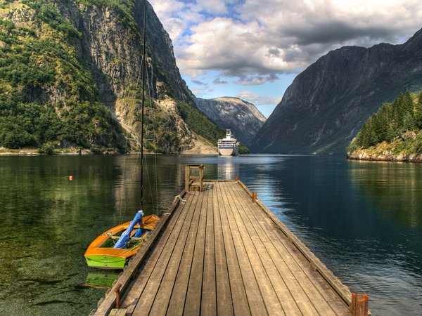 вода, горы, корабль, лодка, Лофотен, мостик, норвегия