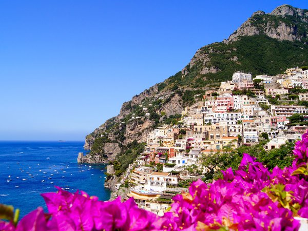 Amalfi, italy, Амальфи, город, дома, италия, побережье, природа, скалы, цветы