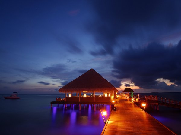 beach, bungalow, maldives, night lights, ocean, sea, sunset, tropical, бунгало, мальдивы, океан, пирс