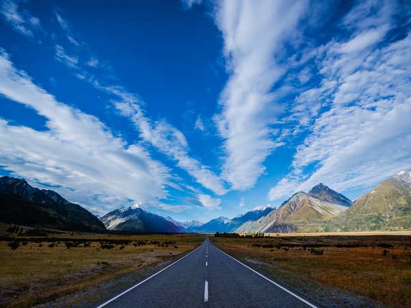 голубое, горы, дорога, небо, новая зеландия, облака, синее, трасса, шоссе