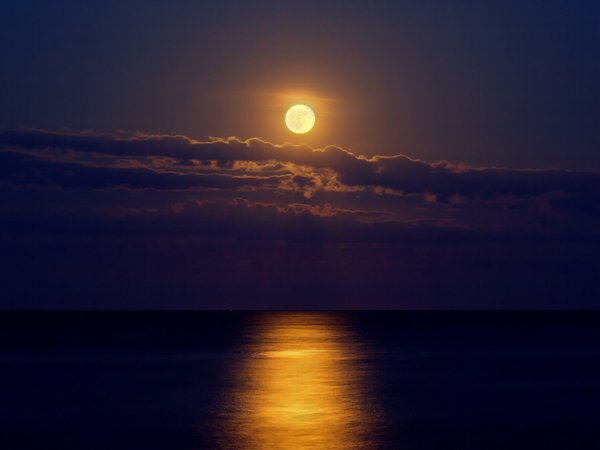 луна, лунная  дорога, море, ночь, облака