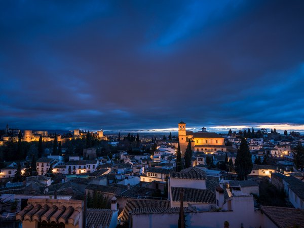 архитектура, вечер, Гранада, испания, небо, освещение, подсветка, провинция, синее, тучи