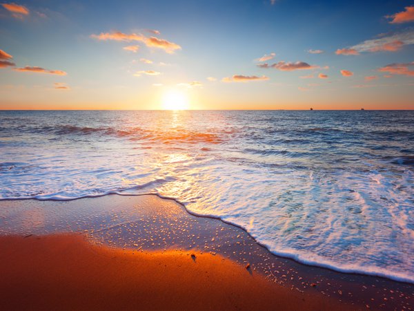 beach, beautiful sunset scene, clouds, landscape, nature, sand, sea, sky, Красивый закат сцены, море, небо, облака, пейзаж, песок, пляж, природа